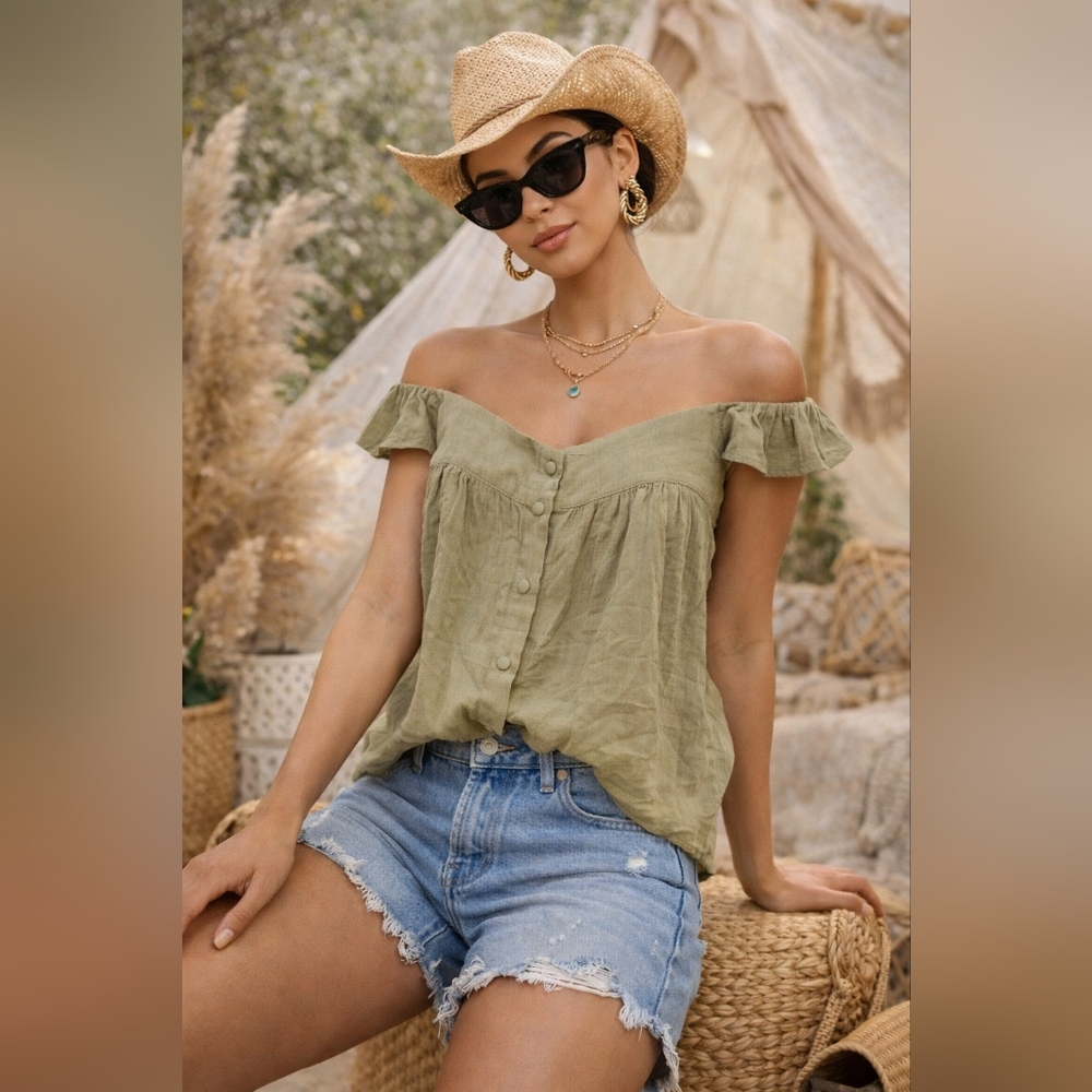 NEW Off-Shoulder Ruffle Button-Front Top in Olive Green